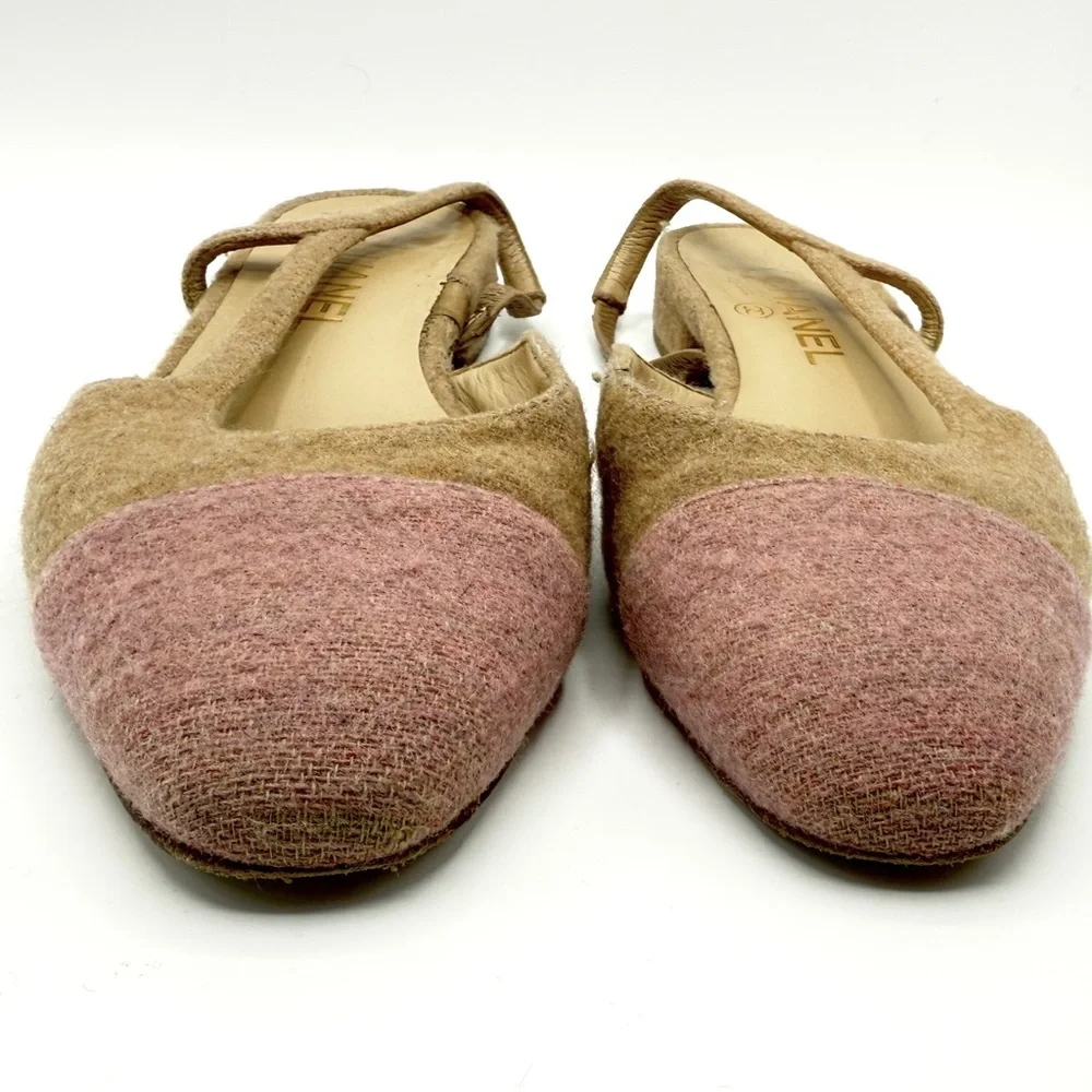 CHANEL 20B Camel and Pink Bi Color Tweed Ballet Slingback Sandal Flats EU 38.5 - Picture 3 of 13